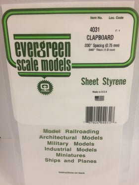 Evergreen 4031 Clapboard Siding, .030" (0.75mm) Spacing x .040 (1.0mm) Thick, 1 Piece