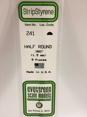 Evergreen 241 Strips, Half Round, .060", 1.5 mm, 5 Pieces