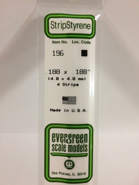 Evergreen 196 Strips, .188" x .188", 4.8 x 4.8 mm, 4 Pieces