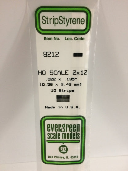 Evergreen 8212 Strips, HO Scale 2 x 12, .022" x .135" (0.56 mm x 3.43 mm) (10 Pieces)