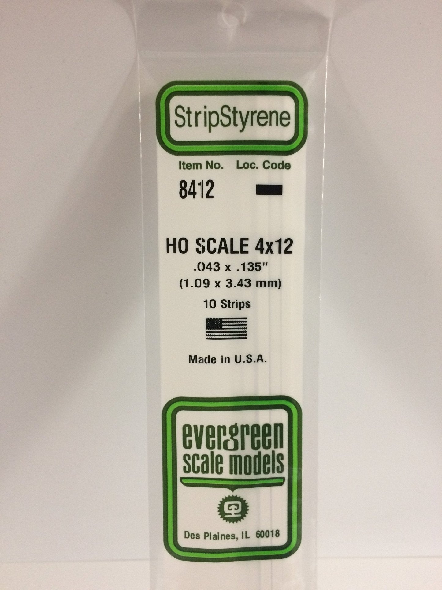 Evergreen 8412 Strips, HO Scale 4 x 12, .043" x .135" (1.09 mm x 3.43 mm) (10 Pieces)