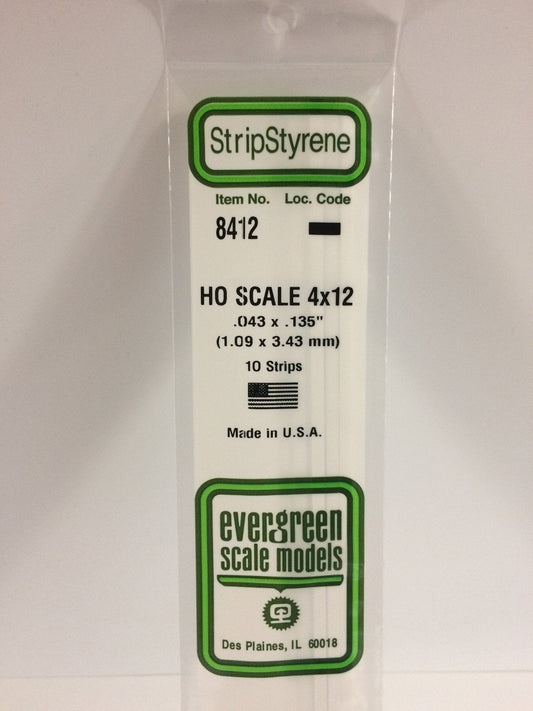 Evergreen 8412 Strips, HO Scale 4 x 12, .043" x .135" (1.09 mm x 3.43 mm) (10 Pieces)
