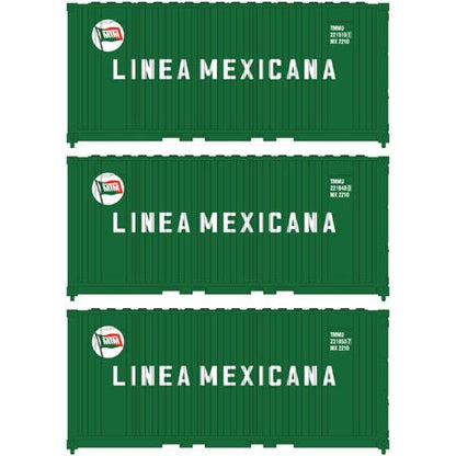 Athearn 17696 N, 20' Panel Side Container, Linea Mexicana, TMMU, 3 Pack - House of Trains