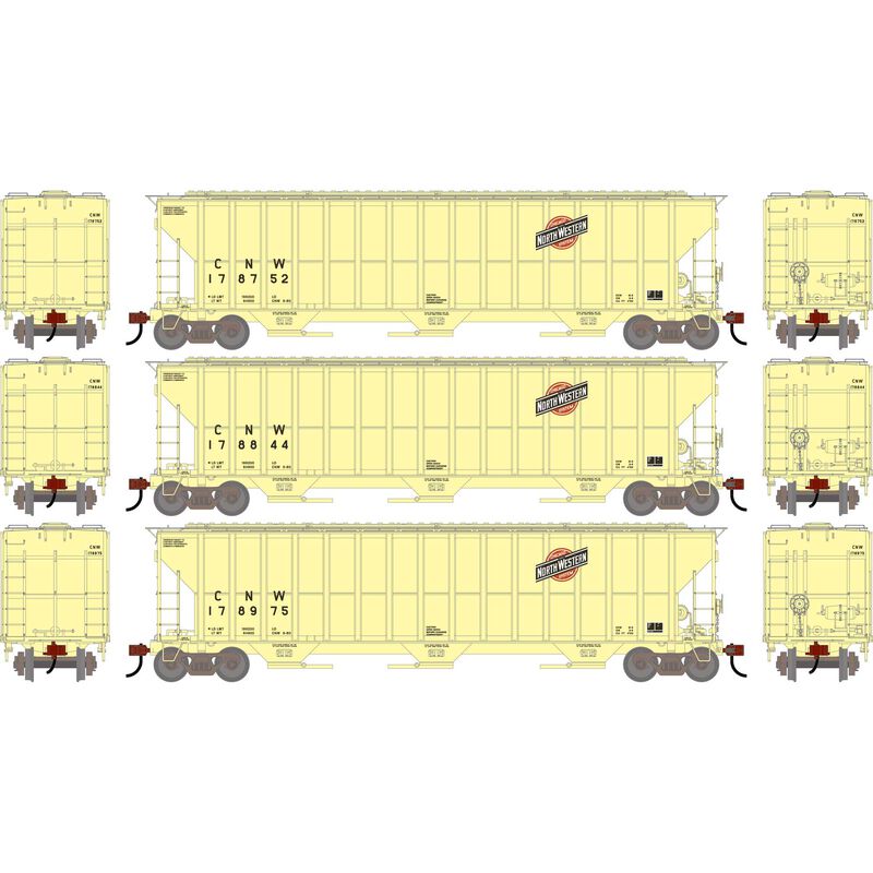 Athearn 2487 HO, FMC 4700 Covered Hopper, 3-pack, CNW - House of Trains