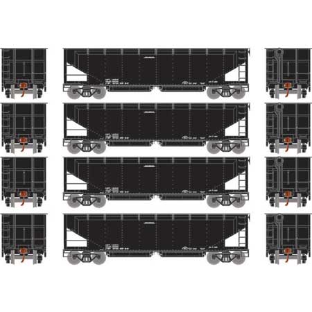 Athearn 7091 HO, 40' Offset Ballast Hopper, with Load, 4 - Pack, Data Only, Black, No Number - House of Trains