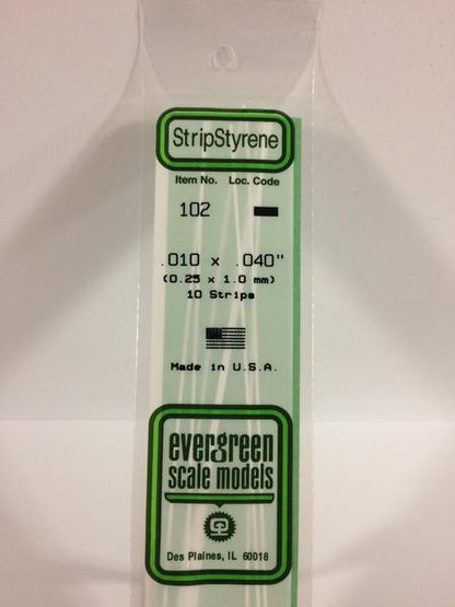 Evergreen 102 Strips, .010" x .040", 0.25 x 1.0 mm, 10 Pieces - House of Trains