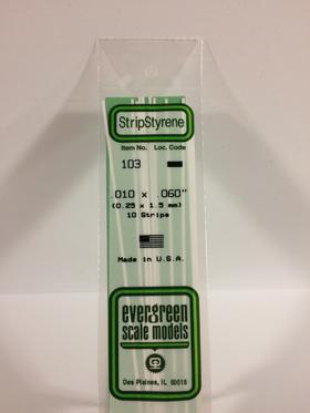 Evergreen 103 Strips, .010" x .060" (0.25 x 1.5 mm) (10 Pieces) - House of Trains