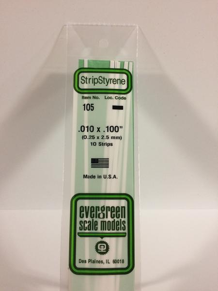 Evergreen 105 Strips, .010" x .100", 0.25 x 2.5 mm, 10 Pieces - House of Trains