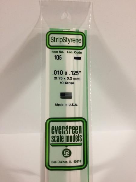 Evergreen 106 Strips, .010" x .125", 0.25 x 3.2 mm, 10 Pieces - House of Trains