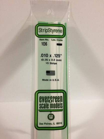 Evergreen 106 Strips, .010" x .125", 0.25 x 3.2 mm, 10 Pieces - House of Trains