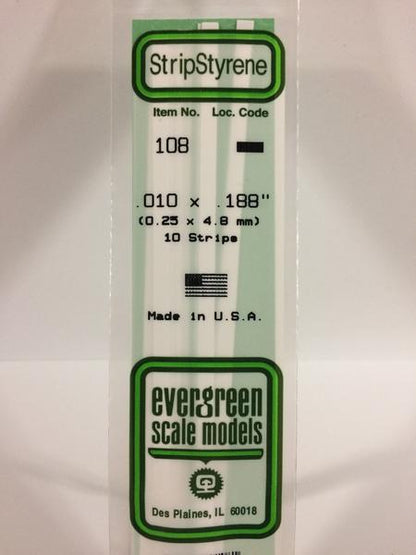 Evergreen 108 Strips, .010" x .188", 0.25 x 4.8 mm, 10 Pieces - House of Trains