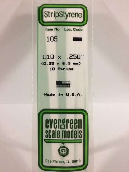 Evergreen 109 Strips, .010" x .250", 0.25 x 6.3 mm, 10 Pieces - House of Trains