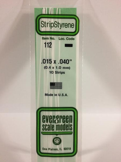 Evergreen 112 Strips, .015" x .040" (0.38 x 1.00 mm) (10 Pieces) - House of Trains