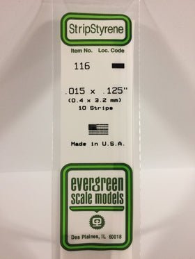 Evergreen 116 Strips, .015" x .125" (0.38 x 3.2 mm) (10 Pieces) - House of Trains