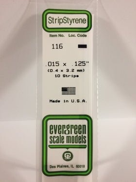 Evergreen 116 Strips, .015" x .125" (0.38 x 3.2 mm) (10 Pieces) - House of Trains