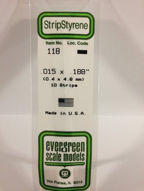 Evergreen 118 Strips, .015" x .188" (0.4 x 4.8 mm) (10 Pieces) - House of Trains