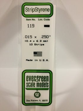 Evergreen 119 Strips, .015" x ..250" (0.38 x 6.3 mm) (10 Pieces) - House of Trains