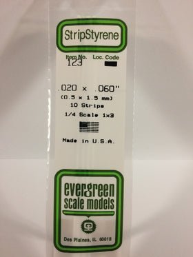 Evergreen 123 Strips, .020" x .060", 0.5 x 1.5 mm, 10 Pieces - House of Trains