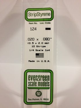 Evergreen 124 Strips, .020" x .080", 0.5 x 2.0 mm, 10 Pieces - House of Trains