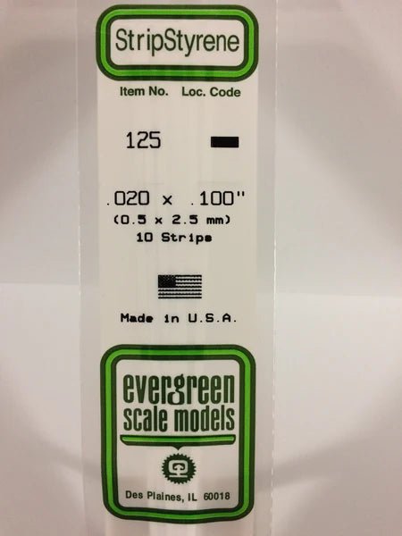 Evergreen 125 Strips, .020" x .100", 0.5 x 2.5 mm, 10 Pieces - House of Trains
