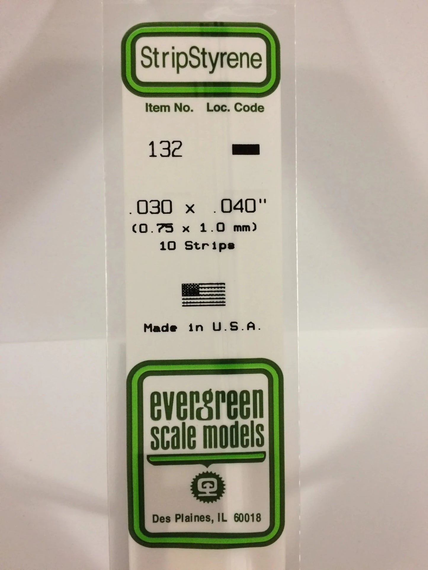 Evergreen 132 Strips, .030" x .040" (0.75 mm x 1.0 mm) (10 Pieces) - House of Trains