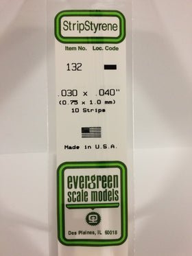 Evergreen 132 Strips, .030" x .040" (0.75 mm x 1.0 mm) (10 Pieces) - House of Trains