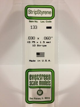 Evergreen 133 Strips, .030" x .060" (0.75 mm x 1.5 mm) (10 Pieces) - House of Trains