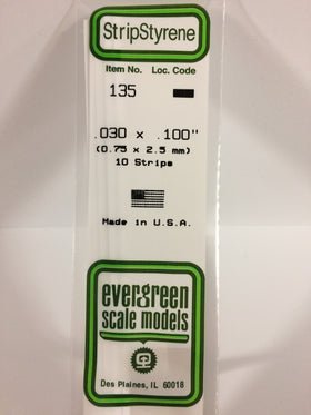 Evergreen 135 Strips, .030" x .100" (0.75 mm x 2.5 mm) (10 Pieces) - House of Trains