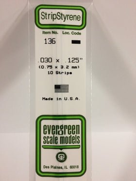 Evergreen 136 Strips, .030" x .125" (0.75 mm x 3.2 mm) (10 Pieces) - House of Trains