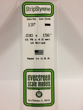 Evergreen 137 Strips, .030" x .156" (0.75 mm x 4.0 mm) (10 Pieces) - House of Trains