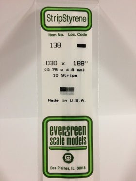 Evergreen 138 Strips, .030" x .188" (0.75 mm x 4.9 mm) (10 Pieces) - House of Trains