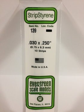 Evergreen 139 Strips, .030" x .250" (0.75 mm x 6.3 mm) (10 Pieces) - House of Trains