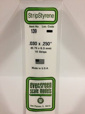 Evergreen 139 Strips, .030" x .250" (0.75 mm x 6.3 mm) (10 Pieces) - House of Trains