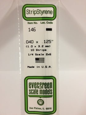 Evergreen 146 Strips, .040" x .125", 1.0 x 3.2 mm, 10 Pieces - House of Trains