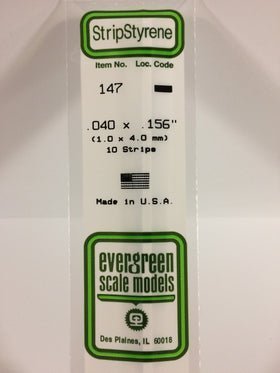 Evergreen 147 Strips, .040" x .156", 1.0 x 4.0 mm, 10 Pieces - House of Trains