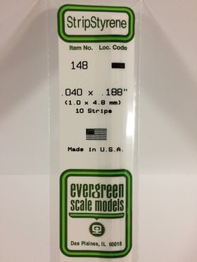 Evergreen 148 Strips, .040" x .188", 1.0 x 4.8 mm, 10 Pieces - House of Trains