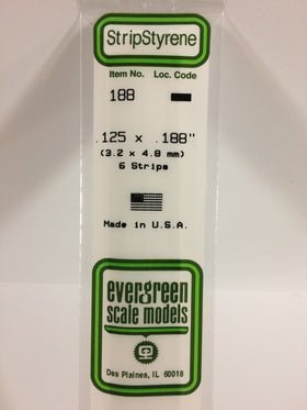 Evergreen 188 Strips, .125" x .188", 3.2 x 4.8 mm, 6 Pieces - House of Trains