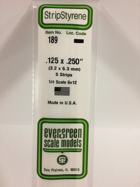 Evergreen 189 Strips, .125" x .250", 3.2 x 6.3 mm, 5 Pieces - House of Trains