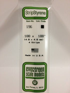 Evergreen 196 Strips, .188" x .188", 4.8 x 4.8 mm, 4 Pieces - House of Trains
