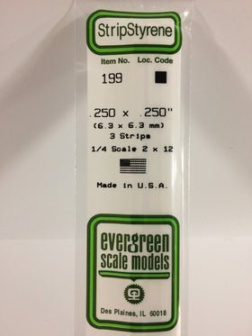 Evergreen 199 Strips, .250" x .250", 6.3 x 6.3 mm, 3 Pieces - House of Trains
