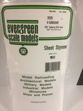 Evergreen 2025 V-Groove, Siding, .025" (2.0mm) Spacing x .020 (0.5mm) Thick (1 Piece) - House of Trains