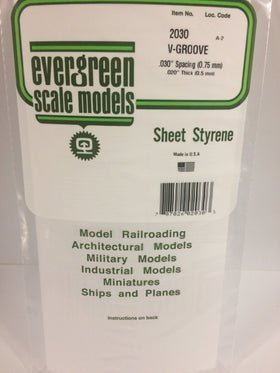 Evergreen 2030 V-Groove, Siding, .030" (0.75mm) Spacing x .020 (0.5mm) Thick (1 Piece) - House of Trains