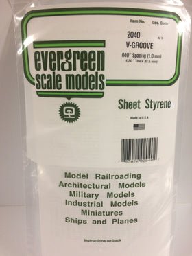 Evergreen 2040 V - Groove, Siding, .040" (1.0mm) Spacing x .020 (0.5mm) Thick (1 Piece) - House of Trains