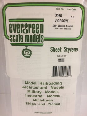 Evergreen 2060 V - Groove, Siding, .060" (1.5mm) Spacing x .020 (0.5mm) Thick (1 Piece) - House of Trains