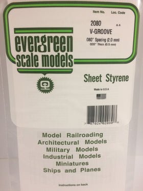 Evergreen 2080 V - Groove, Siding, .080" (2.0mm) Spacing x .020 (0.5mm) Thick (1 Piece) - House of Trains