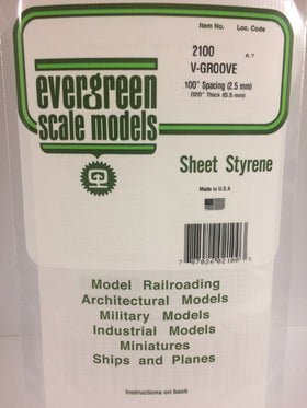 Evergreen 2100 V - Groove, Siding, .100" (2.5mm) Spacing x .020 (0.5mm) Thick (1 Piece) - House of Trains