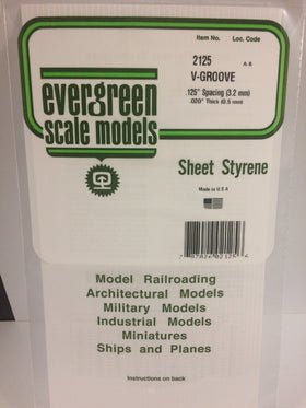 Evergreen 2125 V - Groove, Siding, .125" (3.2mm) Spacing x .020 (0.5mm) Thick (1 Piece) - House of Trains