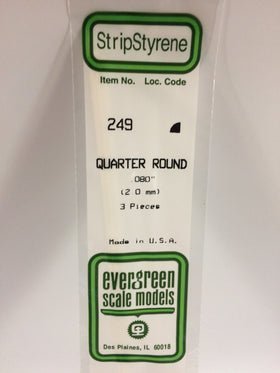 Evergreen 249 Strips, Quarter Round, .080", 2.0 mm, 3 Pieces - House of Trains