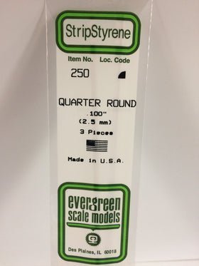 Evergreen 250 Strips, Quarter Round, .100", 2.5 mm, 3 Pieces - House of Trains