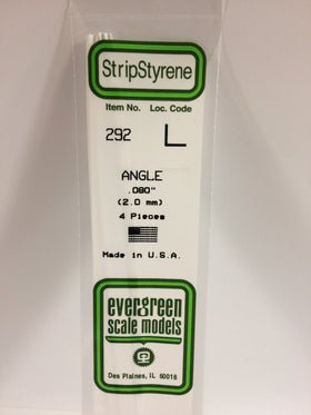 Evergreen 292 Angle, .080", 2.0 mm, 4 Pieces - House of Trains